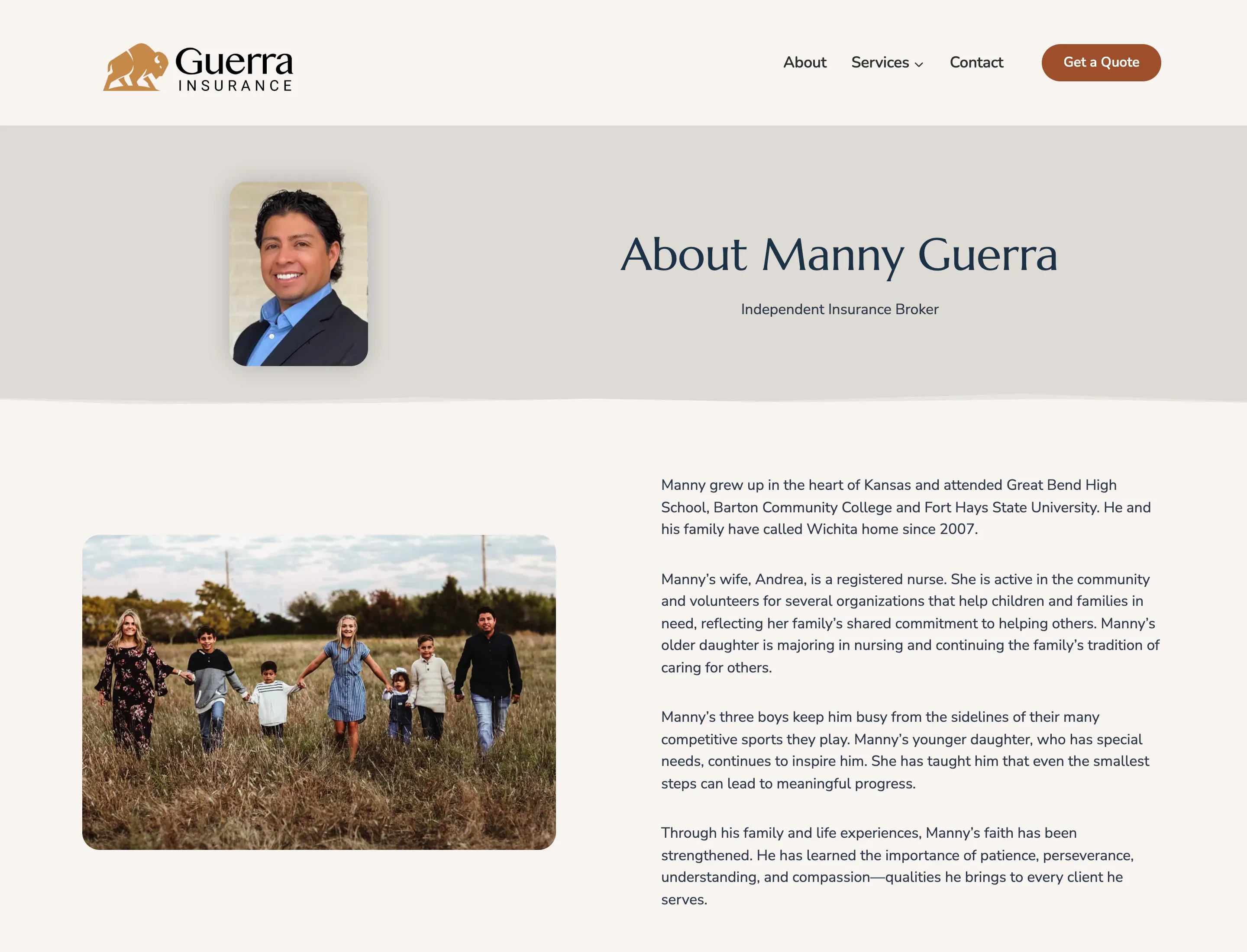 Screenshot of the Guerra Insurance Agency About page introducing Manny Guerra, his insurance experience and the independent-broker model