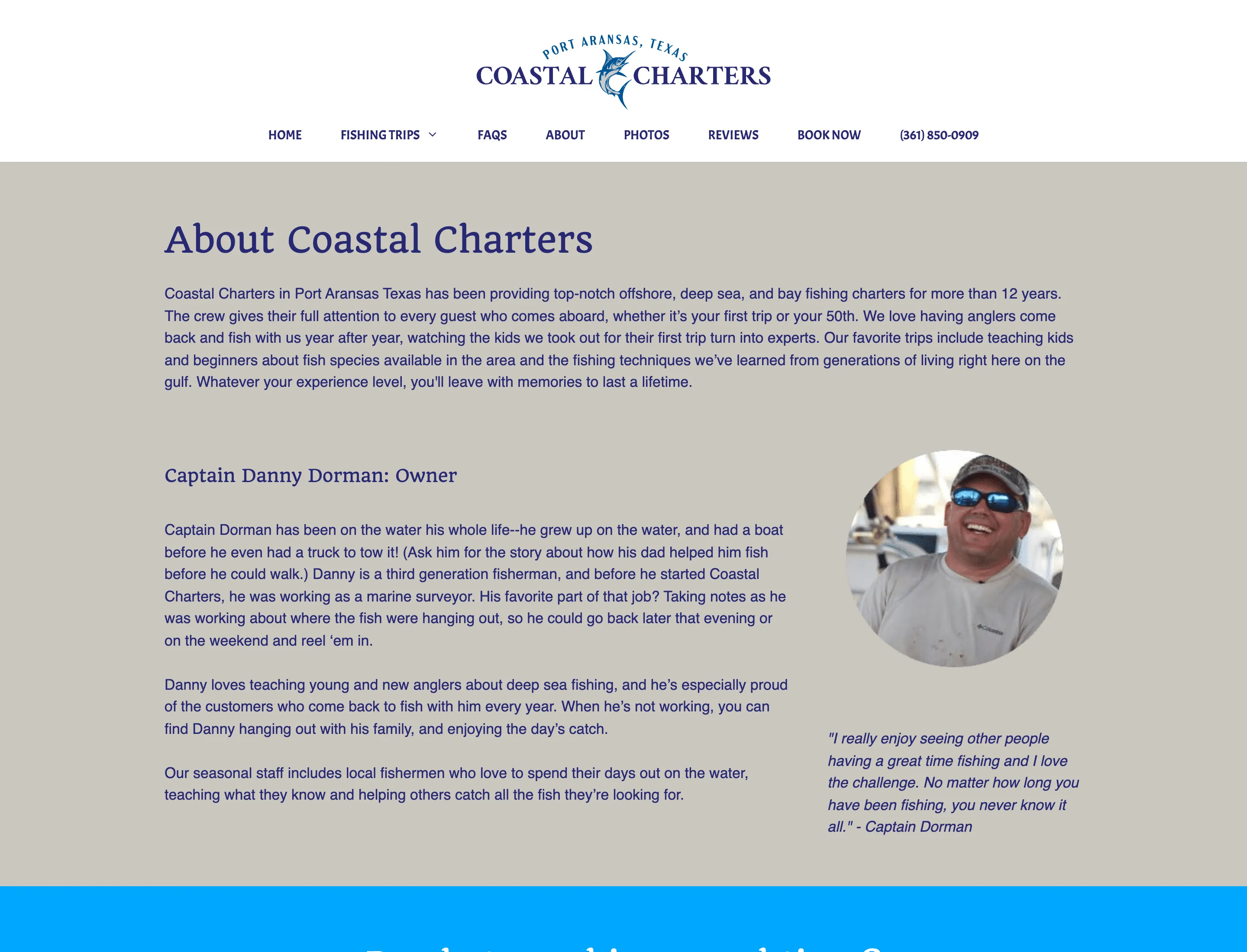 The About page telling Captain Danny Dorman's story as a third-generation fisherman, with his photo and a pull quote