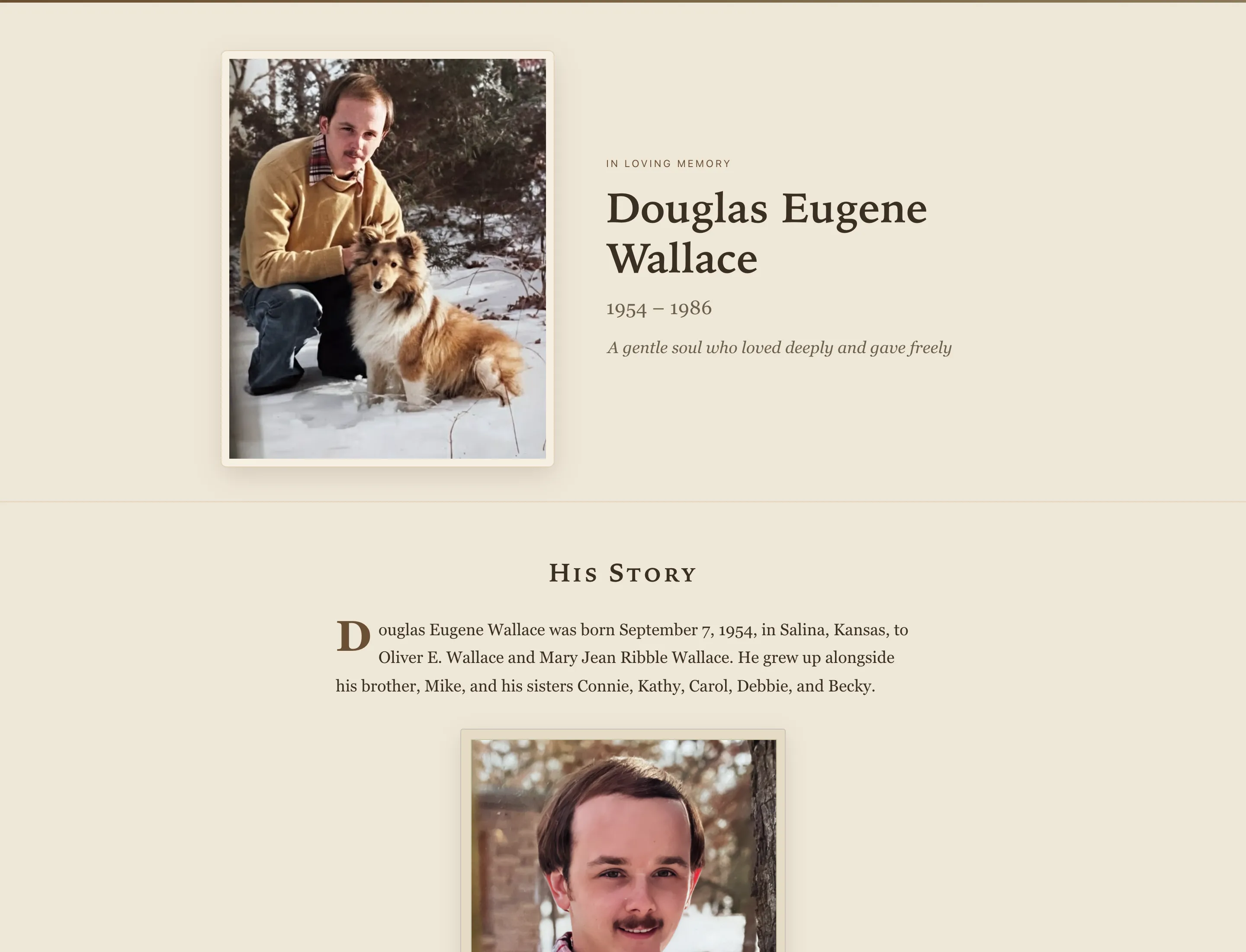 A timeline section of the archive, showing dated moments from the person's life with photographs and short descriptions