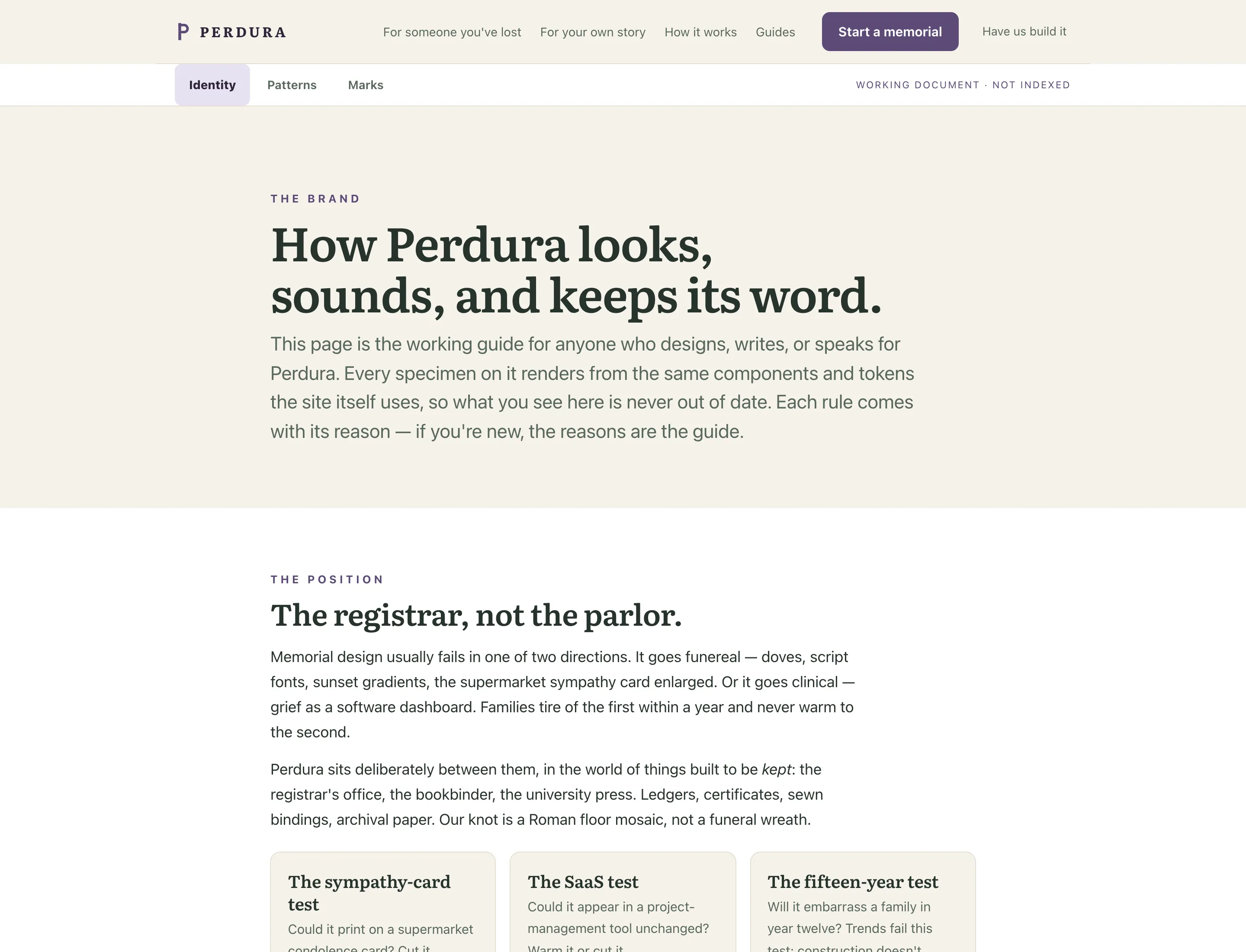The Perdura brand page, showing the typographic scale, color palette and interface components used across the product