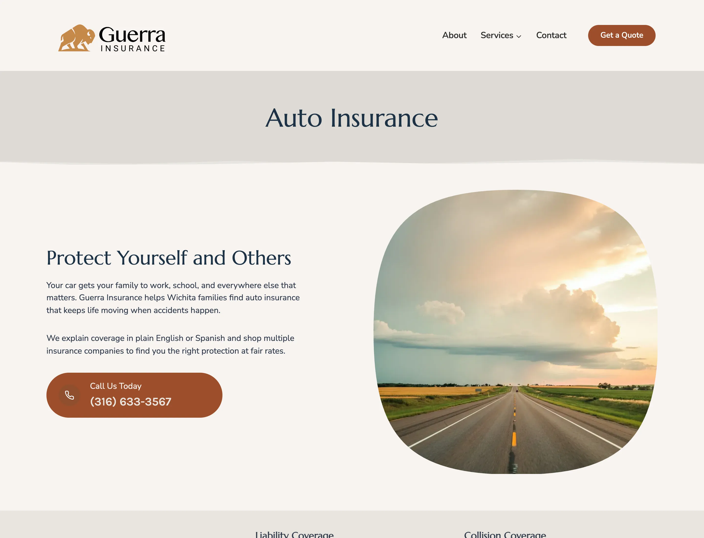Screenshot of Guerra Insurance Agency's auto insurance page with coverage information, a quote-request path and contact options