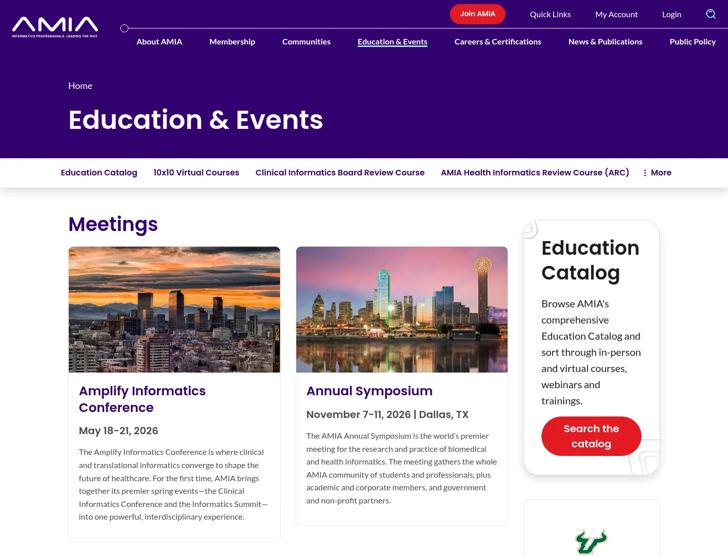 The AMIA Education and Events section, listing the Amplify Informatics Conference, the Annual Symposium, and an Education Catalog of virtual courses and review courses