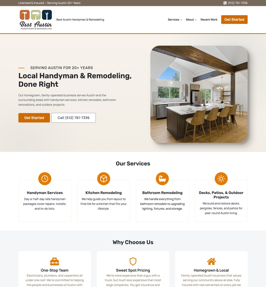 The Best Austin Handyman & Remodeling homepage, with the logo, a kitchen remodel photograph and Get Started and call buttons