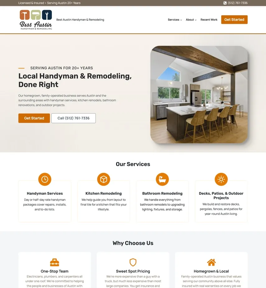 The Best Austin Handyman & Remodeling homepage, with the logo, a kitchen remodel photograph and Get Started and call buttons
