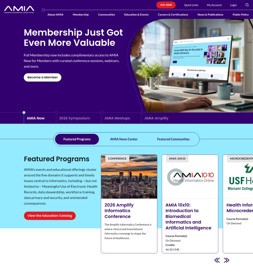 The AMIA website homepage, showing membership and informatics programs