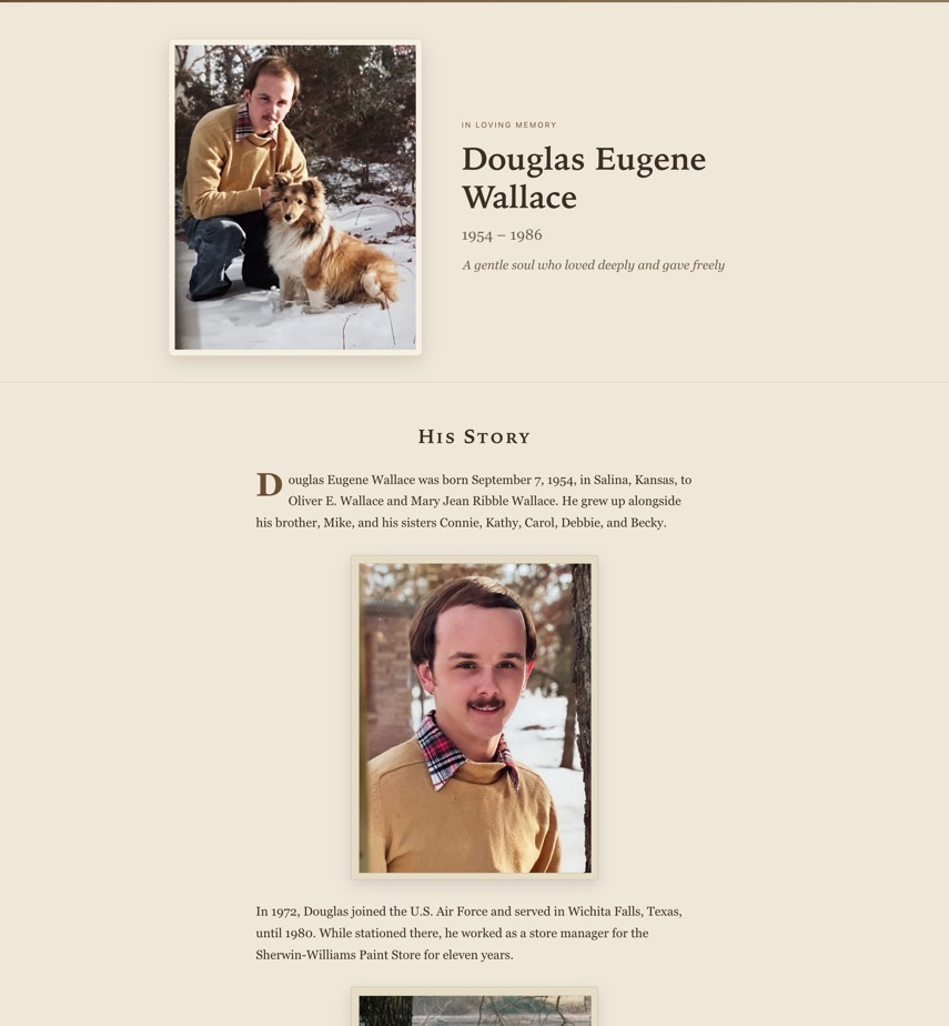 A published Perdura memorial archive, with a portrait, dates and the opening of a life story set on a warm cream ground