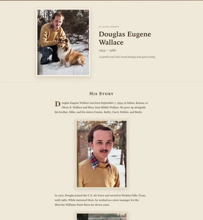 A published Perdura memorial archive, with a portrait, dates and the opening of a life story set on a warm cream ground