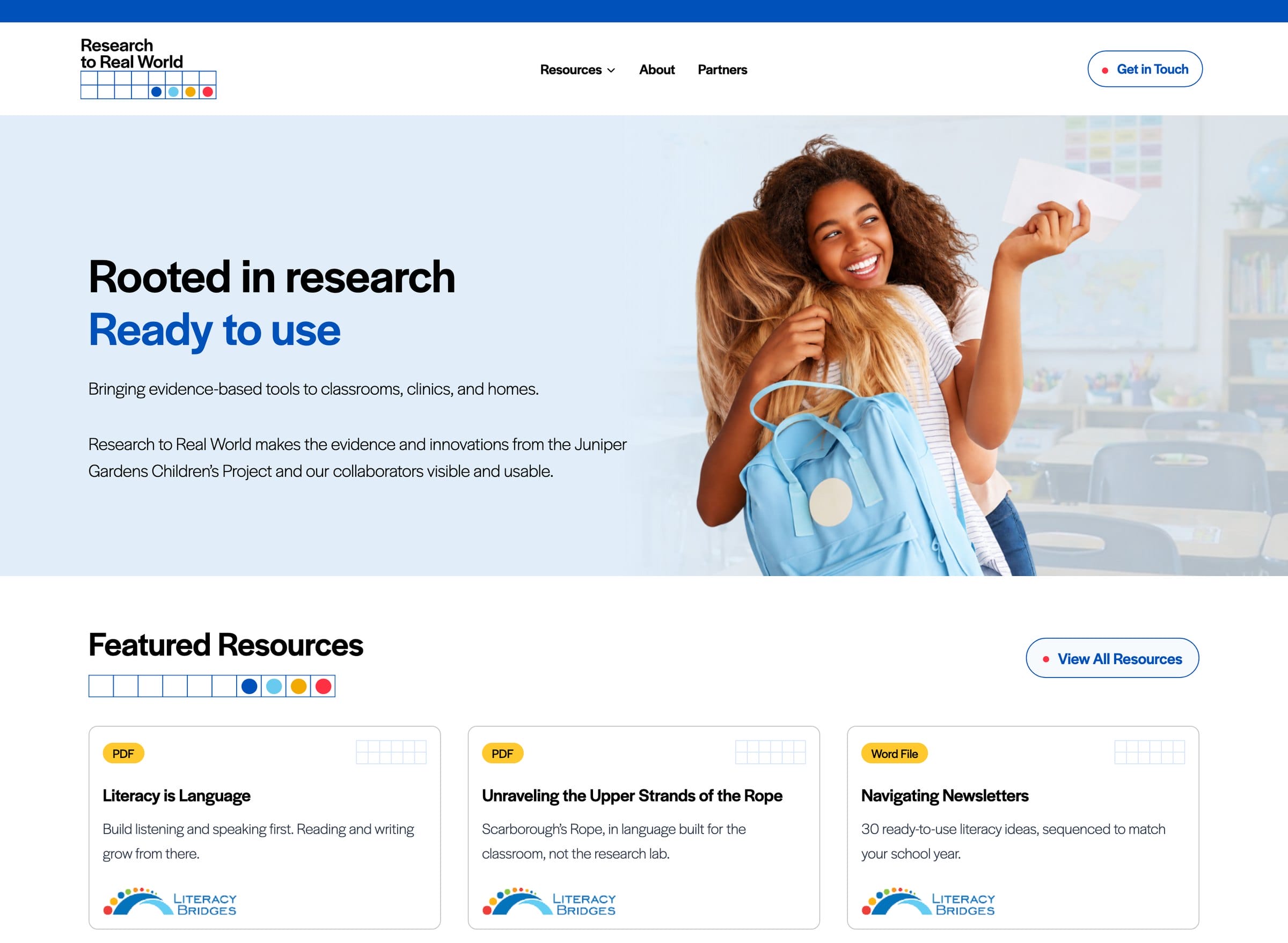 Research to Real World homepage showing the hero and the featured resources catalog