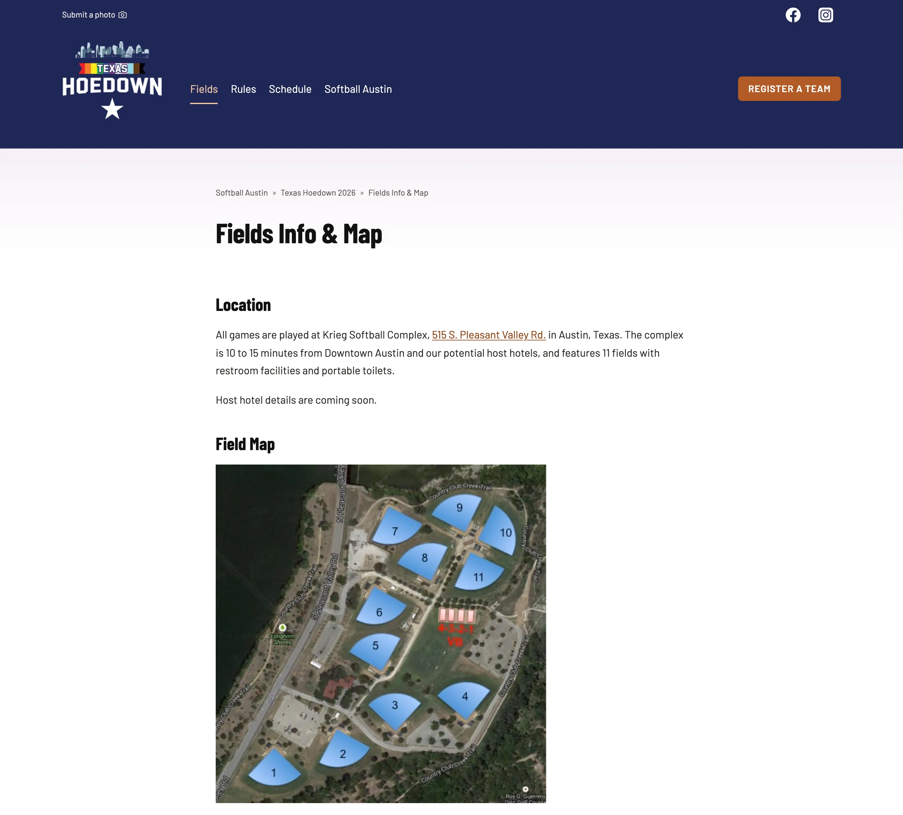 The Hoedown Fields Info and Map page, with the location paragraph naming Krieg Softball Complex and an aerial field map with numbered fields