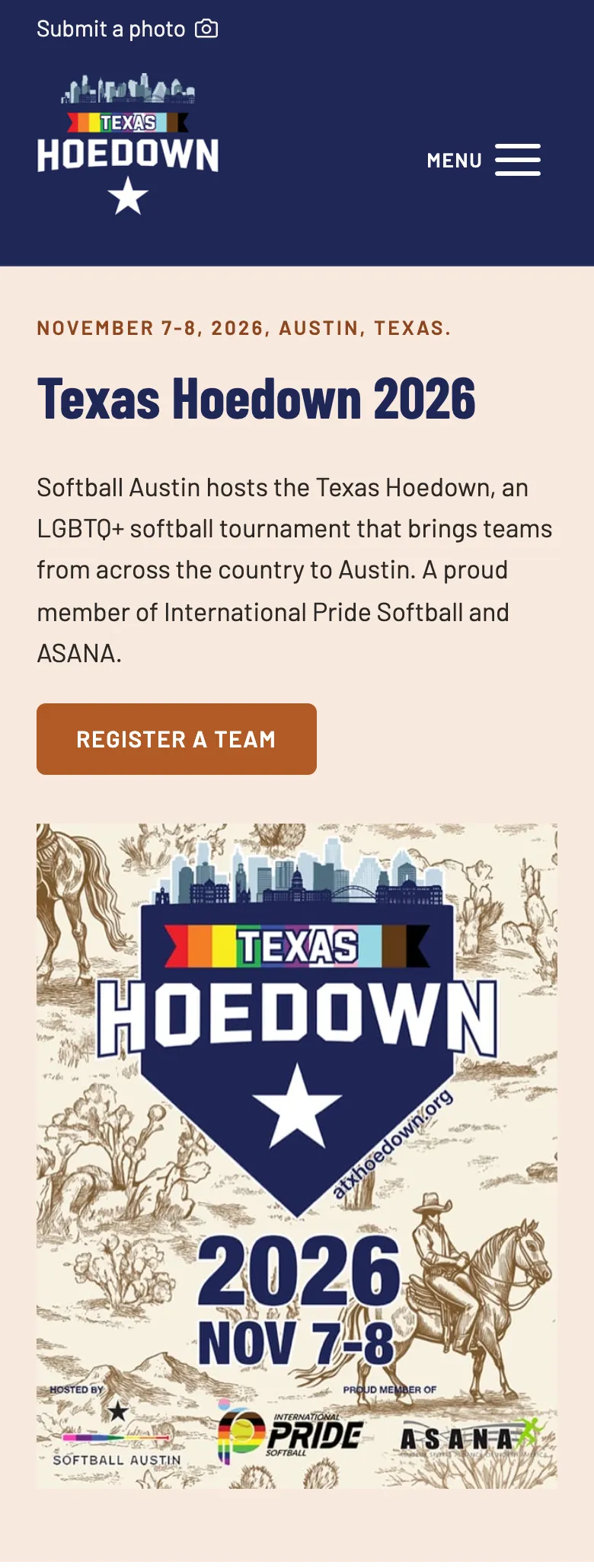 The Texas Hoedown page on a phone, with the Hoedown logo, a Menu button, the tournament dates, the introduction, a Register a Team button and the poster