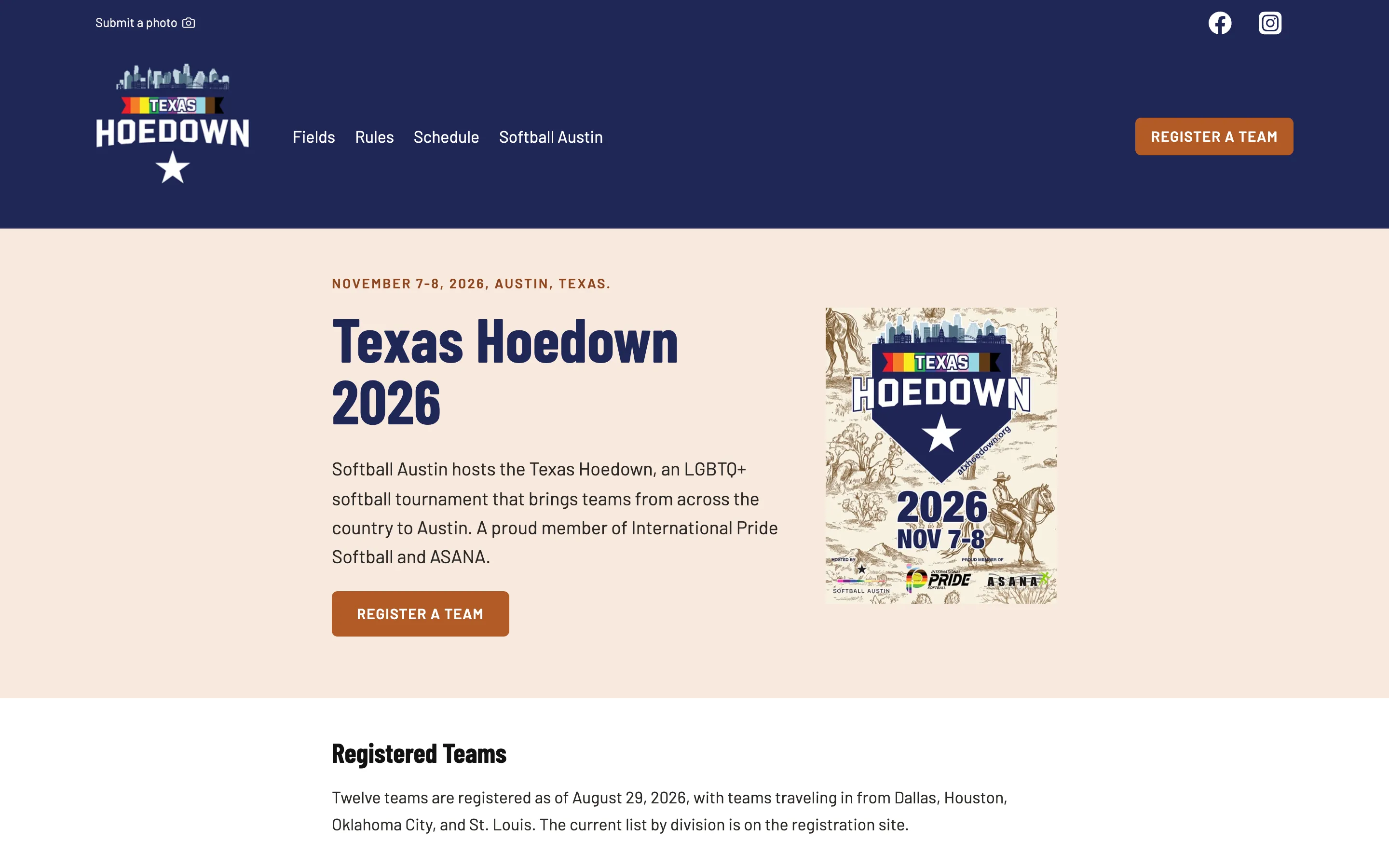 The Texas Hoedown 2026 tournament page, with its own navy header and Hoedown logo, a navigation of Fields, Rules, Schedule and Softball Austin, an orange Register a Team button, the tournament poster and a Registered Teams section