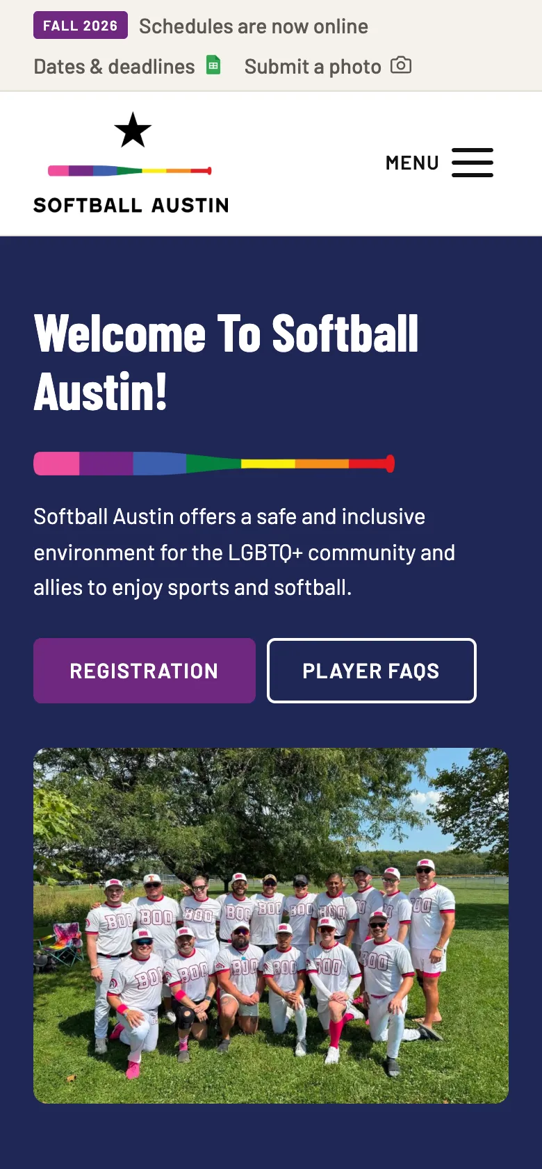 The Softball Austin homepage on a phone, with the logo, a Menu button, the welcome heading, the rainbow bar, two buttons and the team photograph
