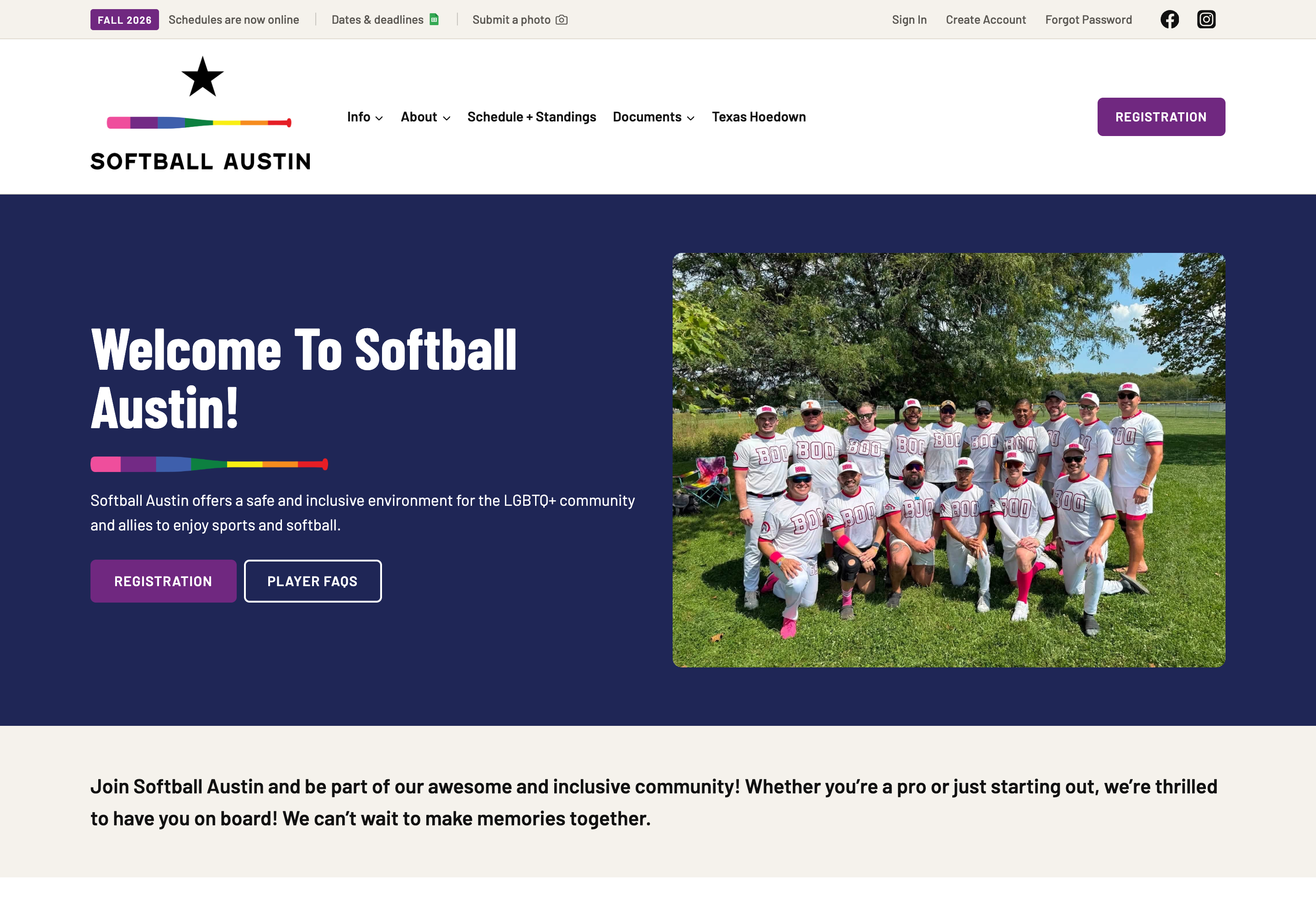 The Softball Austin homepage, with the league's star and rainbow bar logo, the main navigation and a welcome heading beside a team photograph
