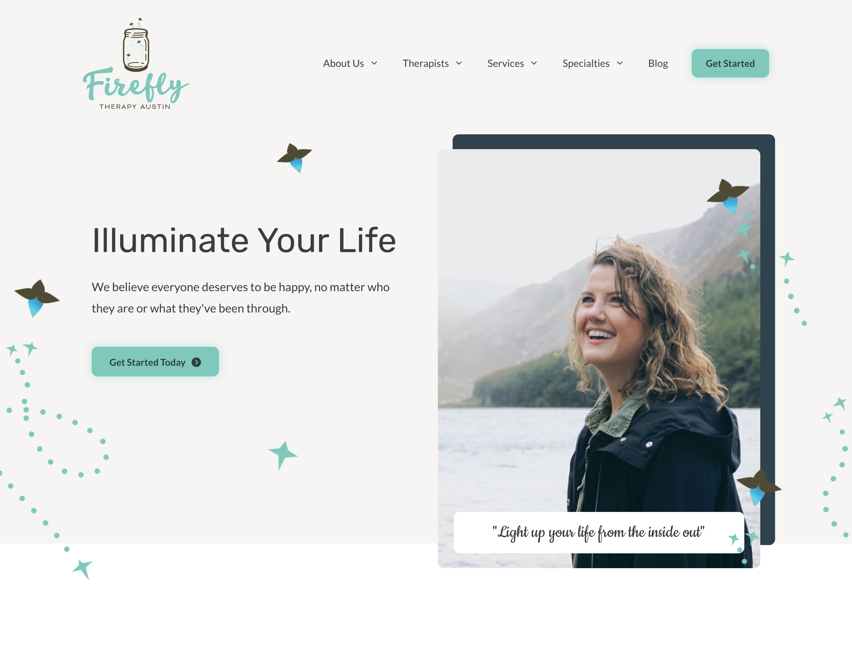 The Firefly Therapy Austin homepage, with the firefly-jar logo, warm seafoam accents and paths into each therapy service