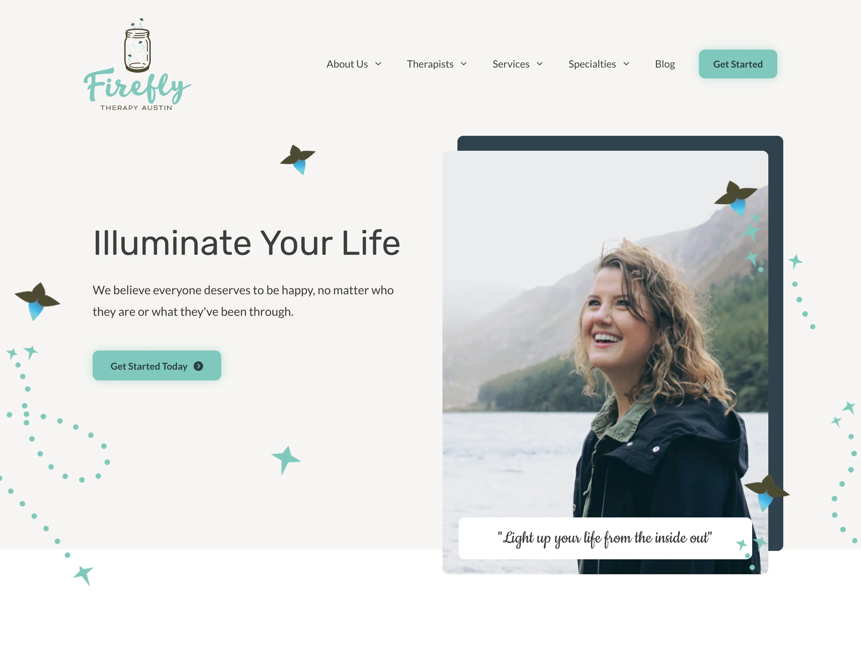 The Firefly Therapy Austin homepage, with the firefly-jar logo, warm seafoam accents and paths into each therapy service