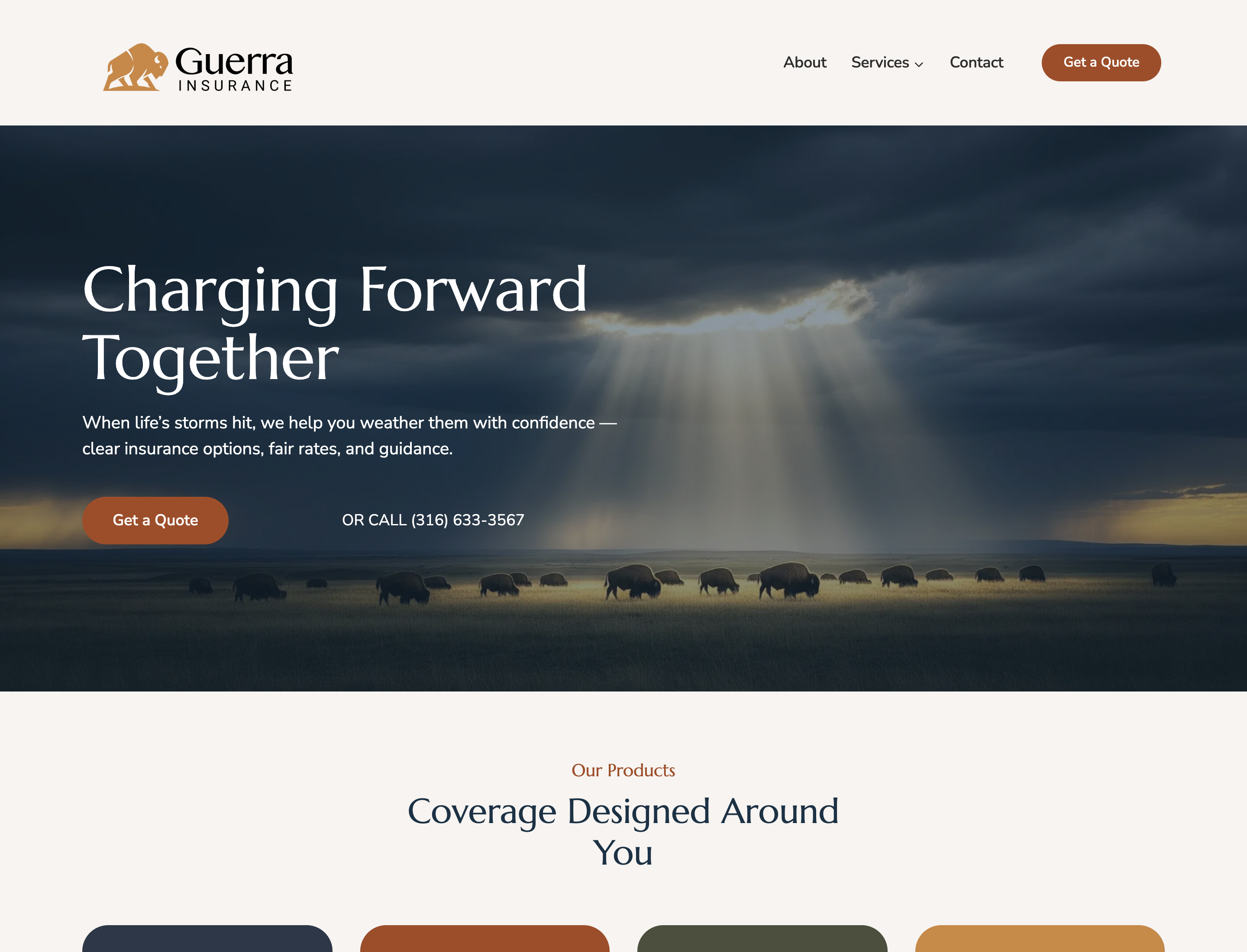 Screenshot of the Guerra Insurance Agency homepage showing a herd of bison on the Kansas plains beneath storm clouds and the headline "Charging Forward Together"