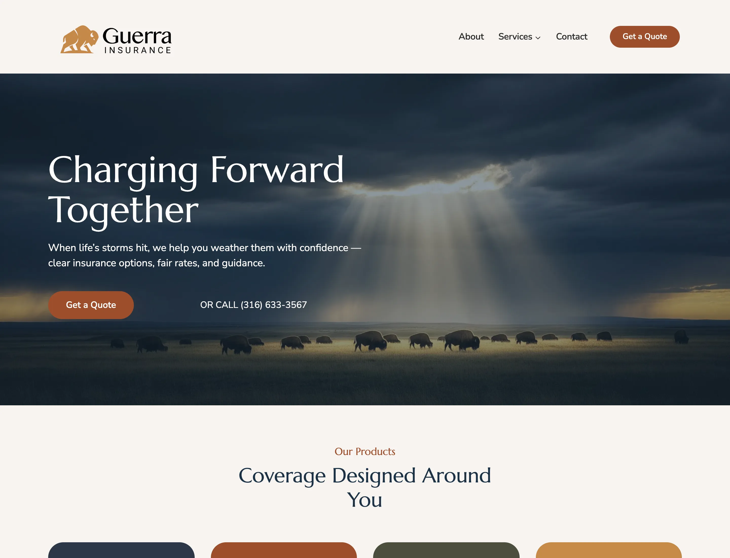 Screenshot of the Guerra Insurance Agency homepage showing a herd of bison on the Kansas plains beneath storm clouds and the headline "Charging Forward Together"