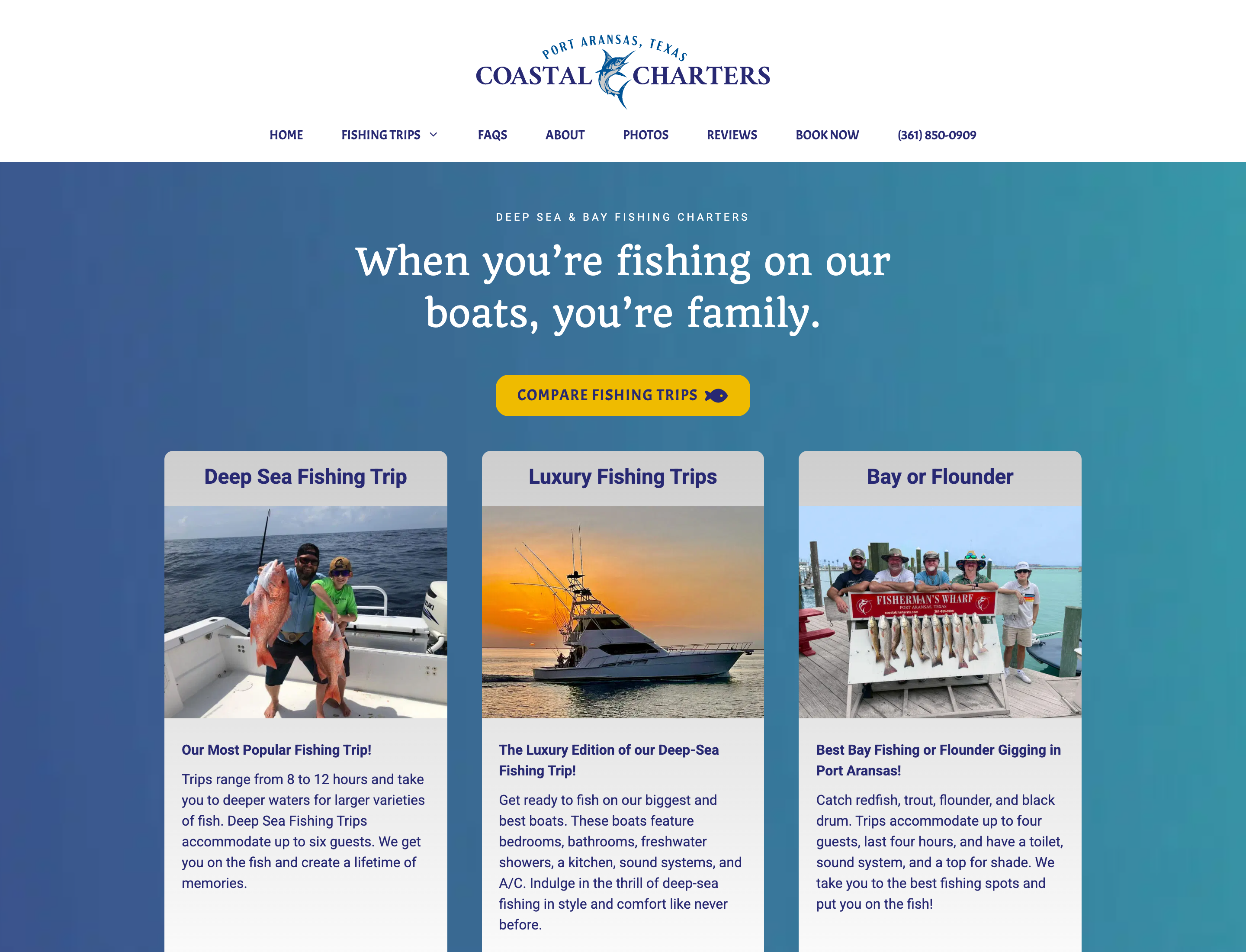 The Coastal Charters homepage, with the tagline "When you're fishing on our boats, you're family" and cards for the deep sea, luxury and bay trips
