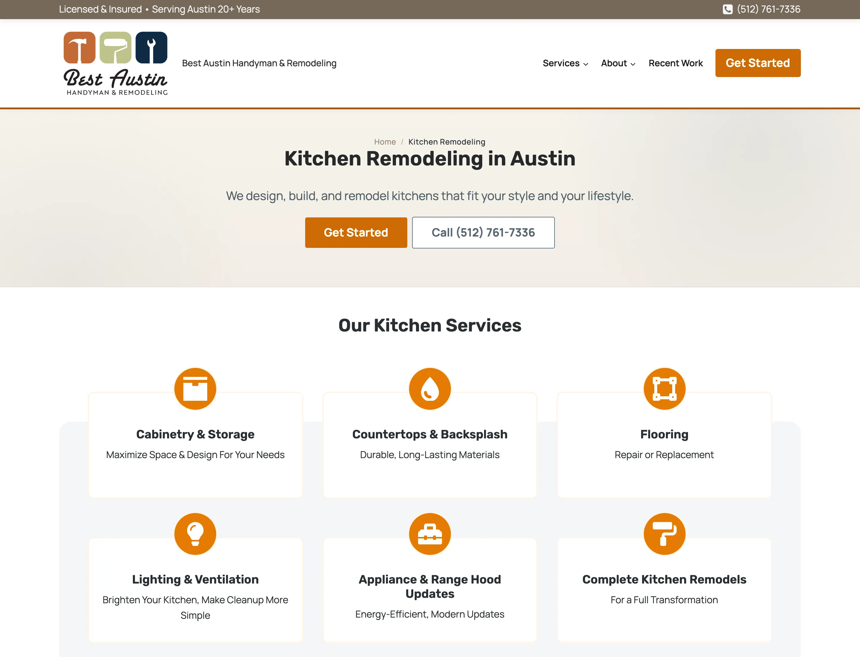 The Best Austin Handyman kitchen remodeling page, showing the service description, project photographs and a Get Started call to action