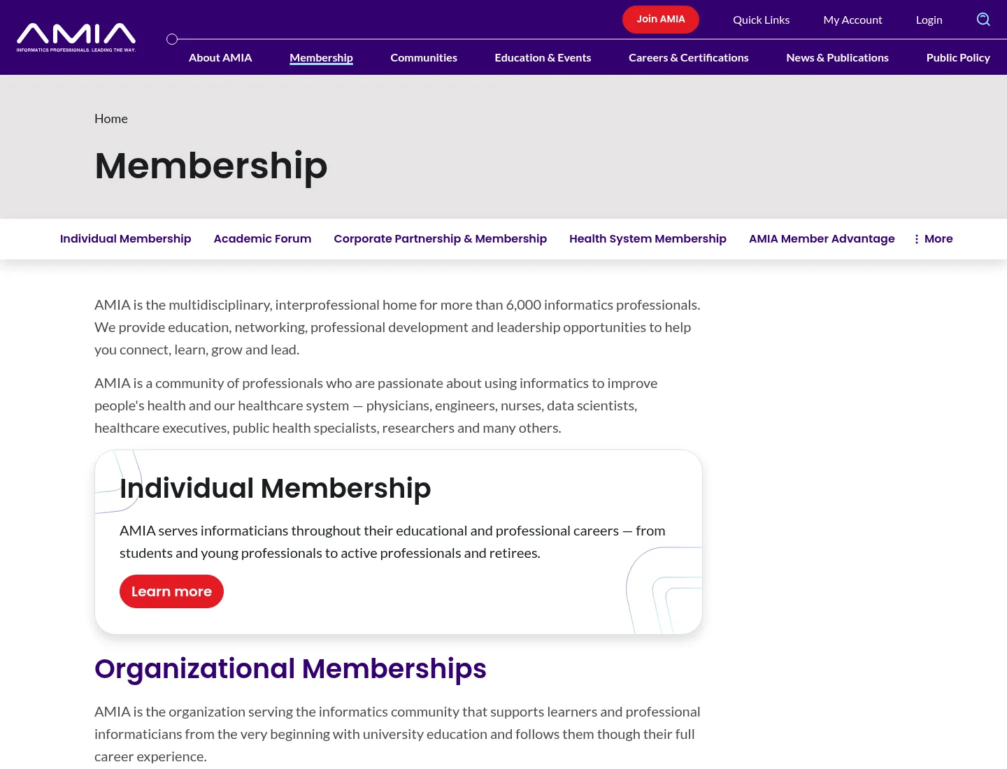 The AMIA membership section, describing individual membership alongside academic forum, corporate, and health system membership options