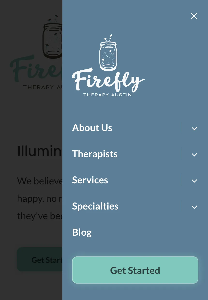The Firefly Therapy Austin site on a phone with the mobile menu open, showing the white firefly-jar logo on slate, the service menu and a seafoam Get Started button