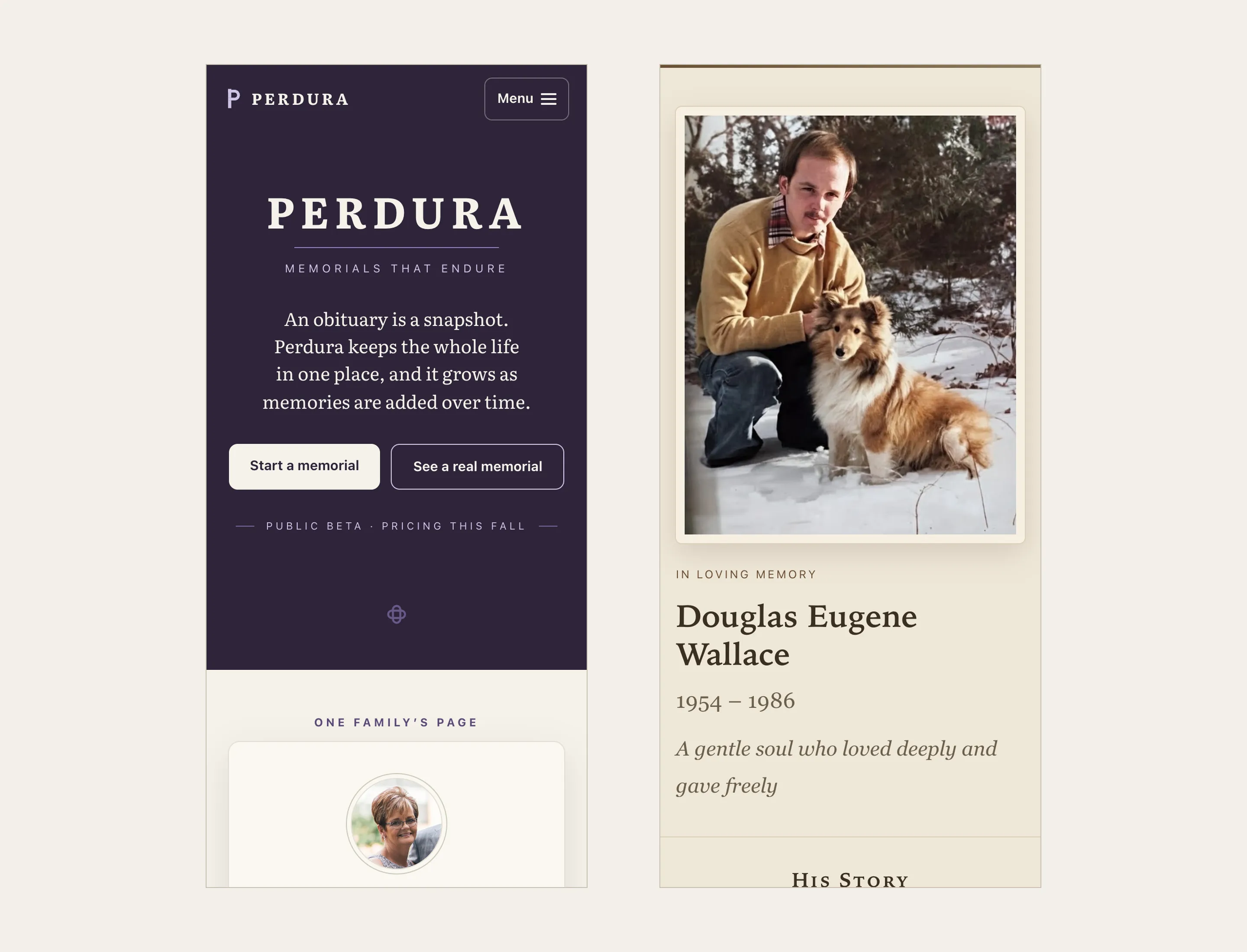 Two phone screenshots side by side, the Perdura marketing site and a published memorial archive