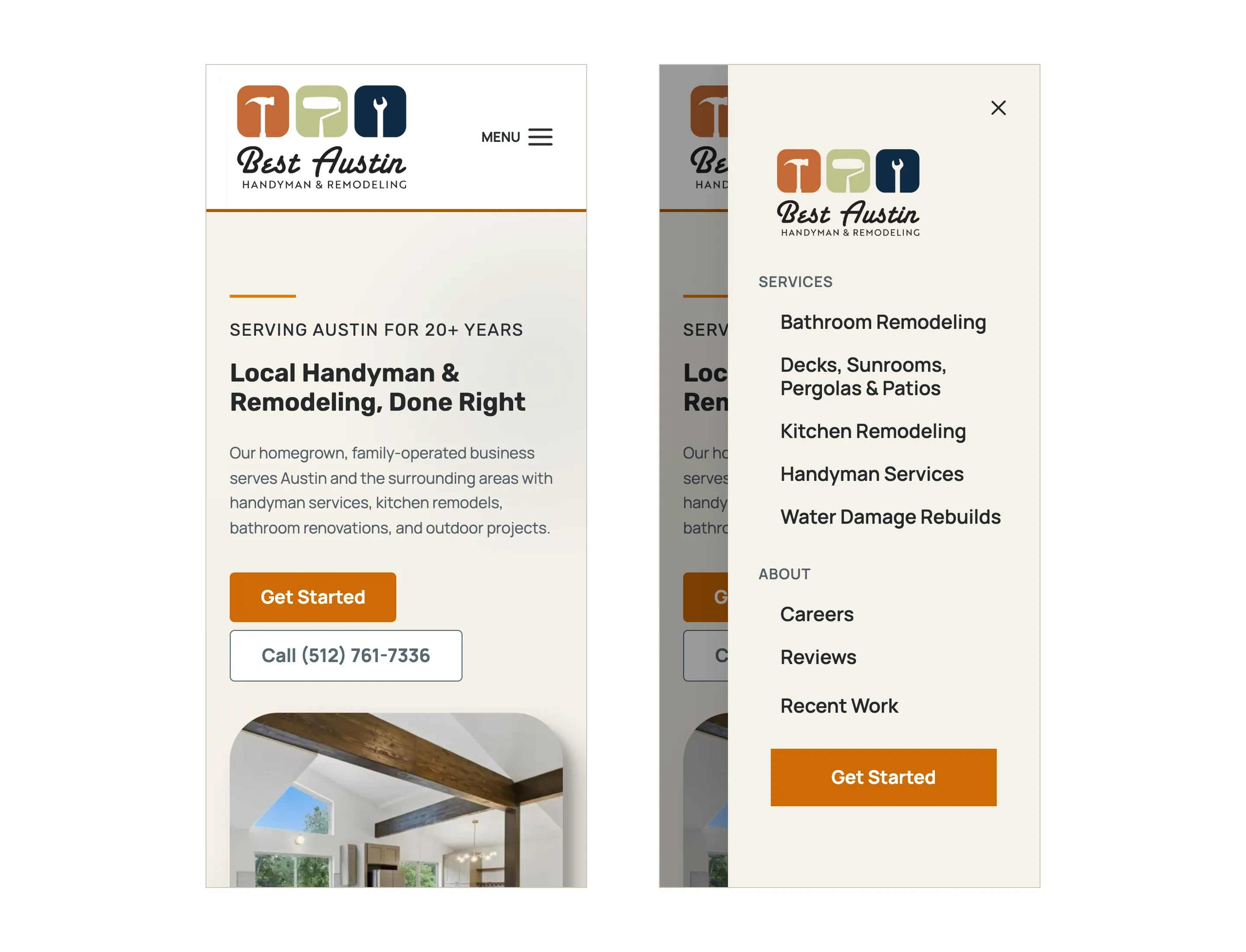 Two phone screenshots side by side, the homepage with a Menu button and the opened navigation drawer listing services, about links and a Get Started button