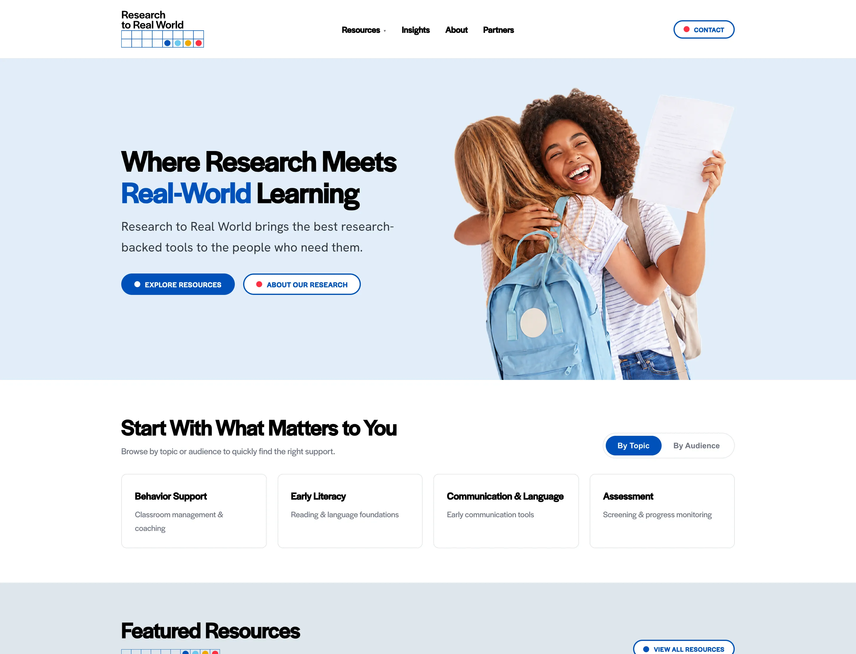 Research to Real World homepage showing a featured resources section, topic navigation and classroom-support categories.