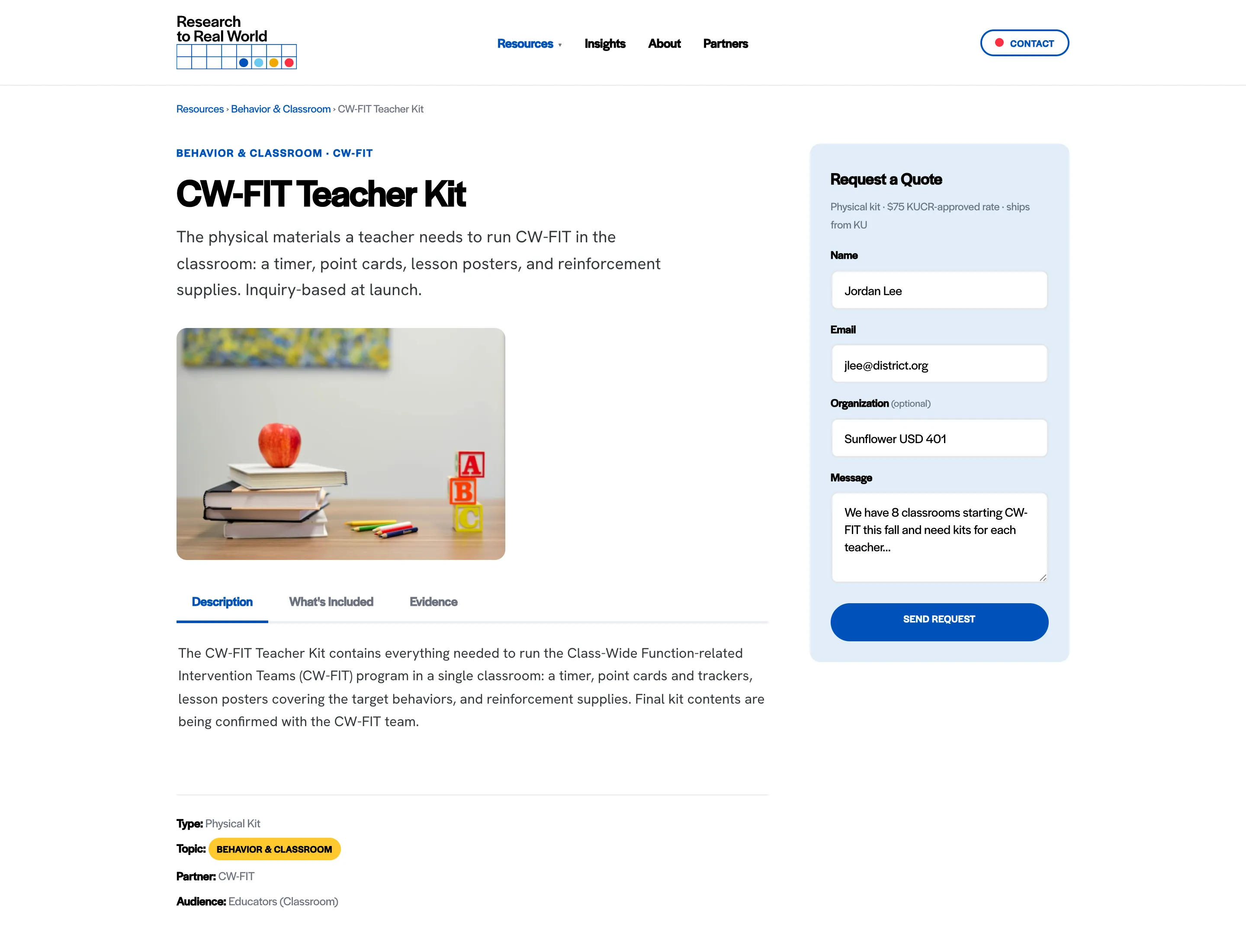 CW-FIT Teacher Kit resource page showing the description, tabbed contents, structured fields for type and topic, and a quote request form.
