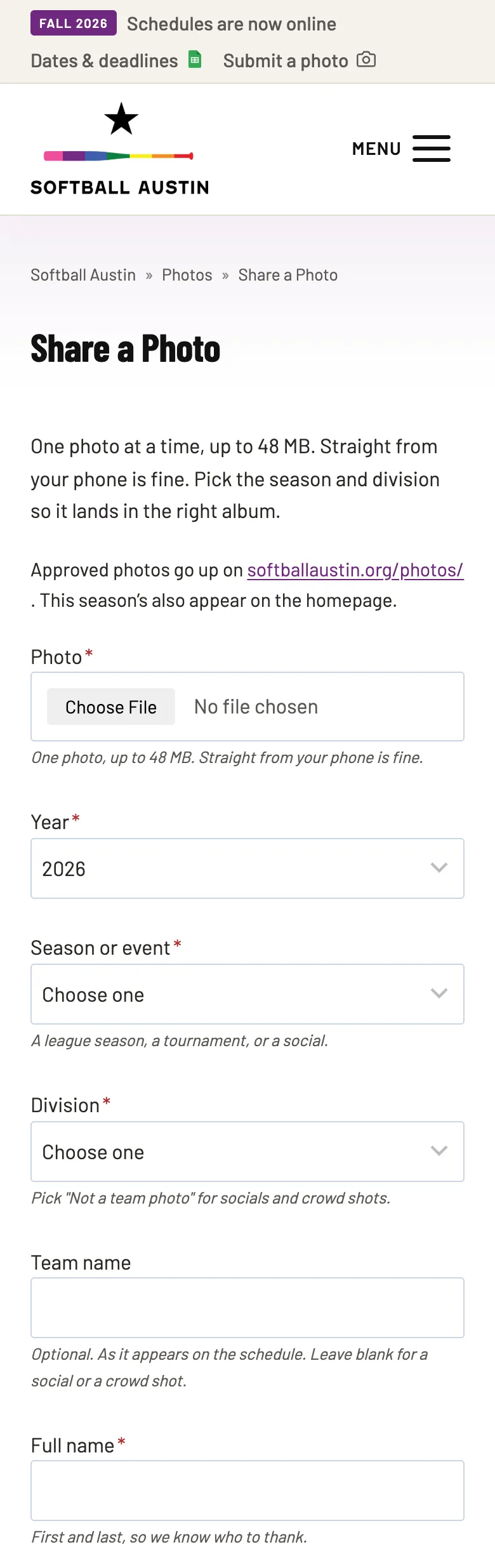 The Share a Photo form on a phone, with the file chooser, the year and season selectors and the helper text under each field