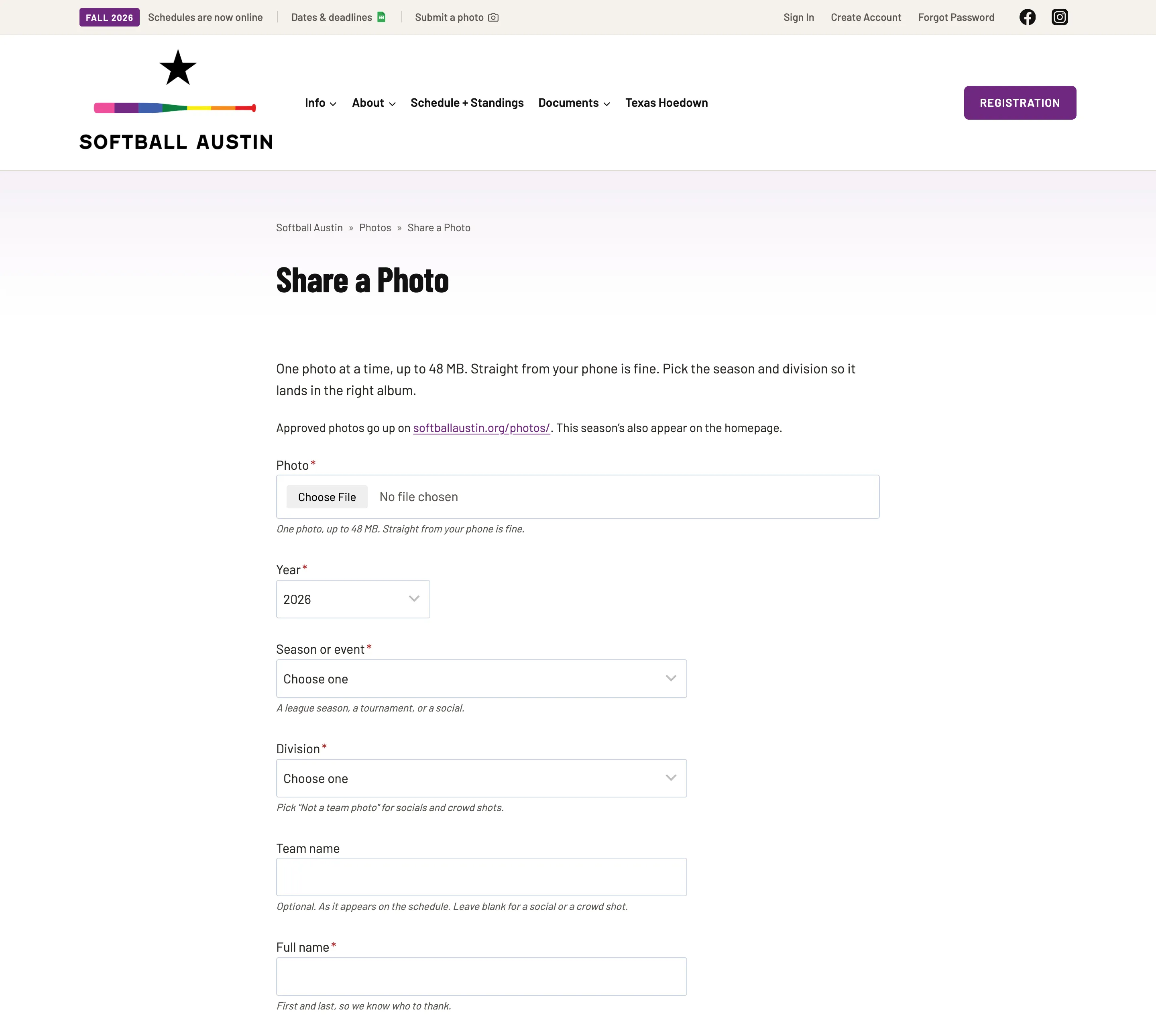 The Share a Photo form on a desktop, asking for one photo, the year, the season or event, the division, the team name, the sender's name and email, and a permission checkbox