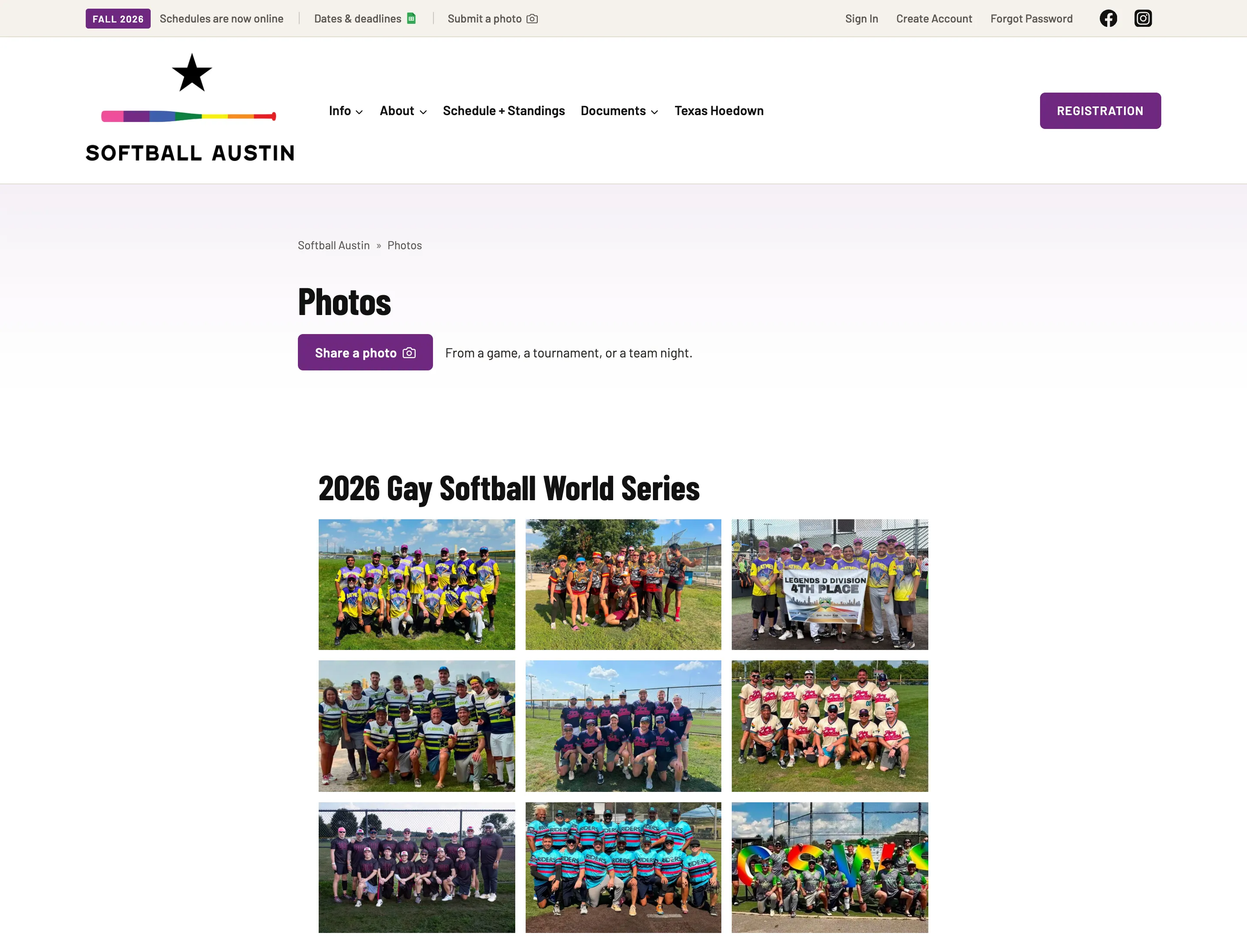 The Photos page, with a Share a Photo button, the note that photos come from a game, a tournament or a team night, and a grid of team photographs under a 2026 Gay Softball World Series heading