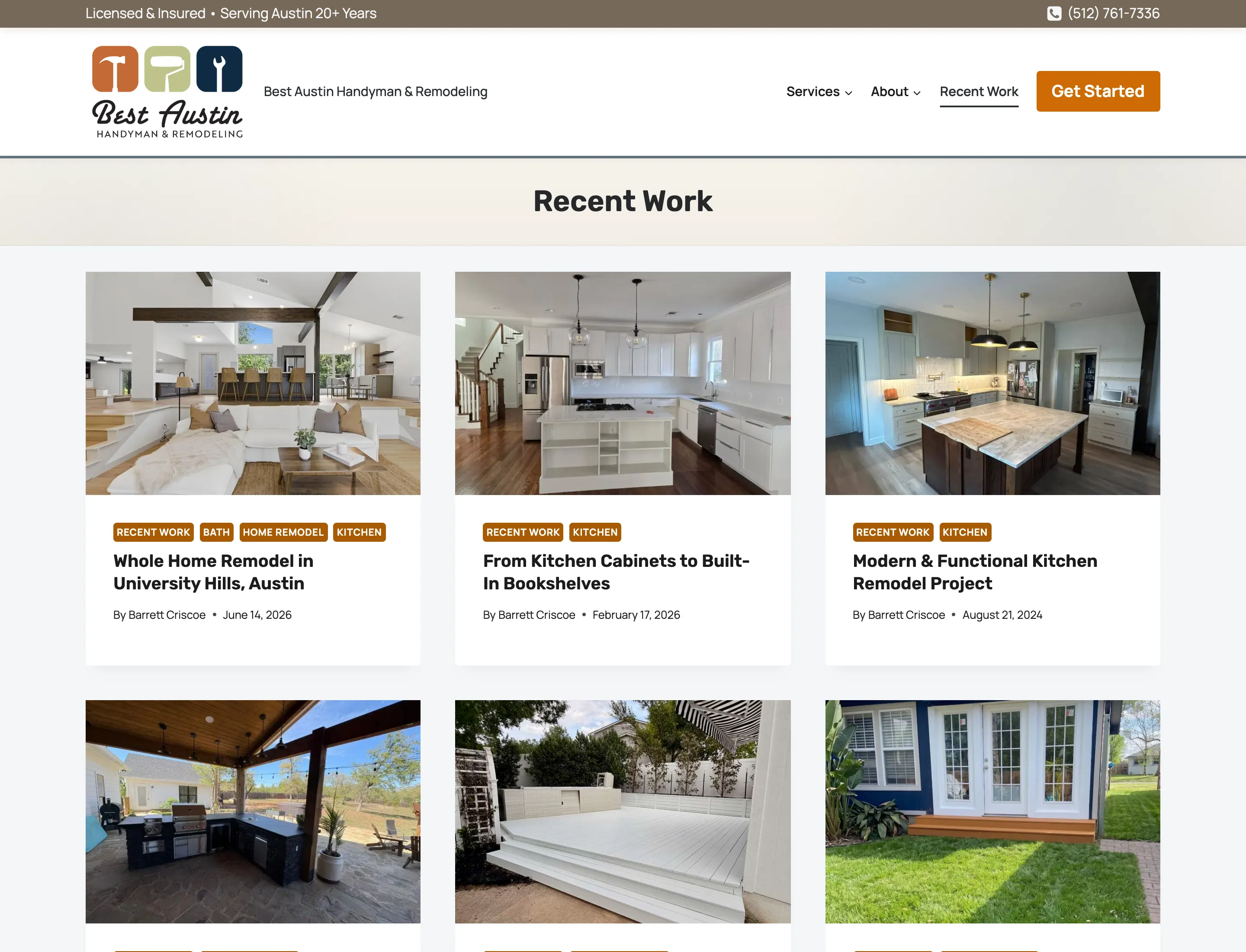 The Recent Work archive, a grid of completed project posts with photographs and titles covering kitchens, bathrooms, decks and outdoor builds