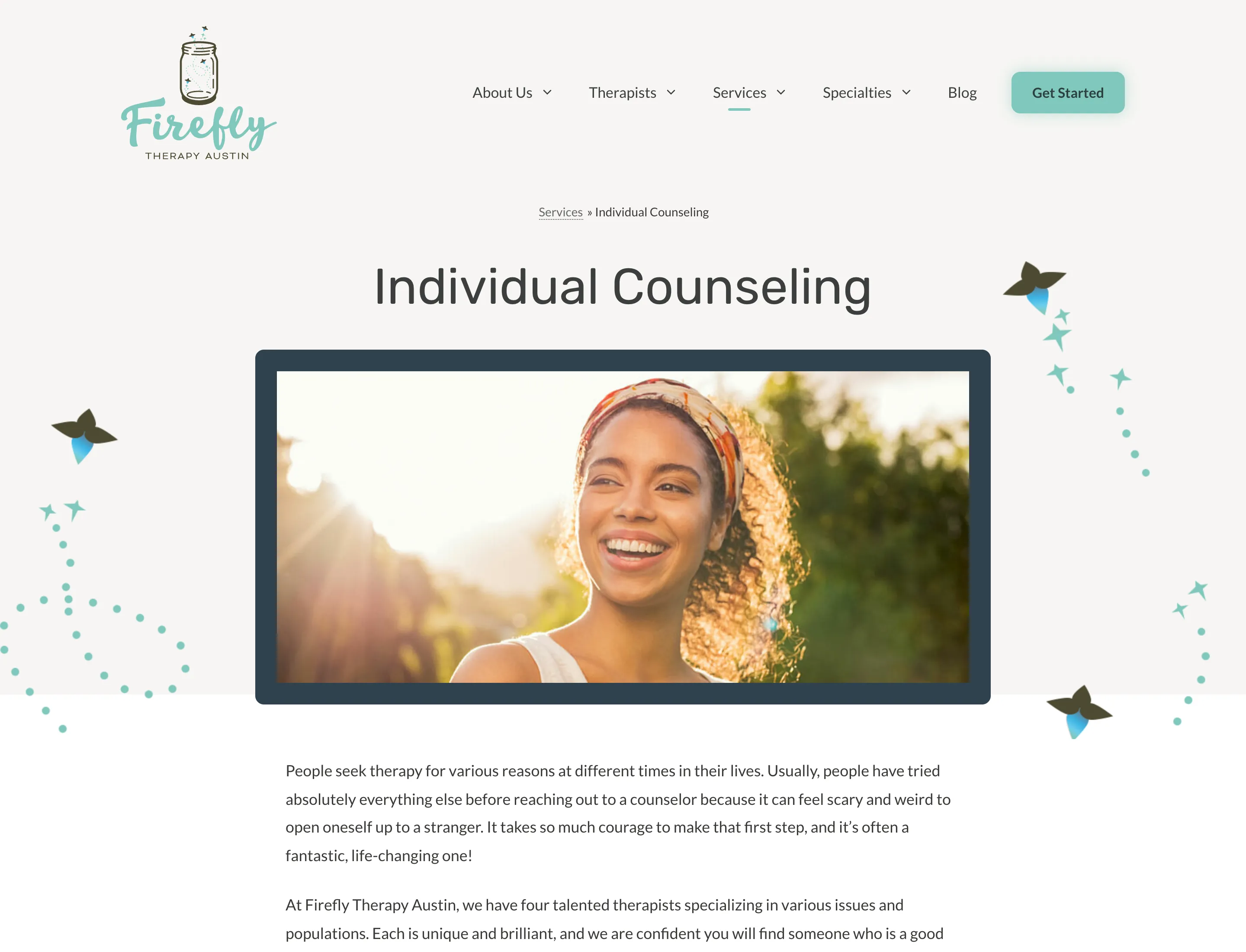 The individual counseling service page explaining who the service is for, what it addresses and how to get started