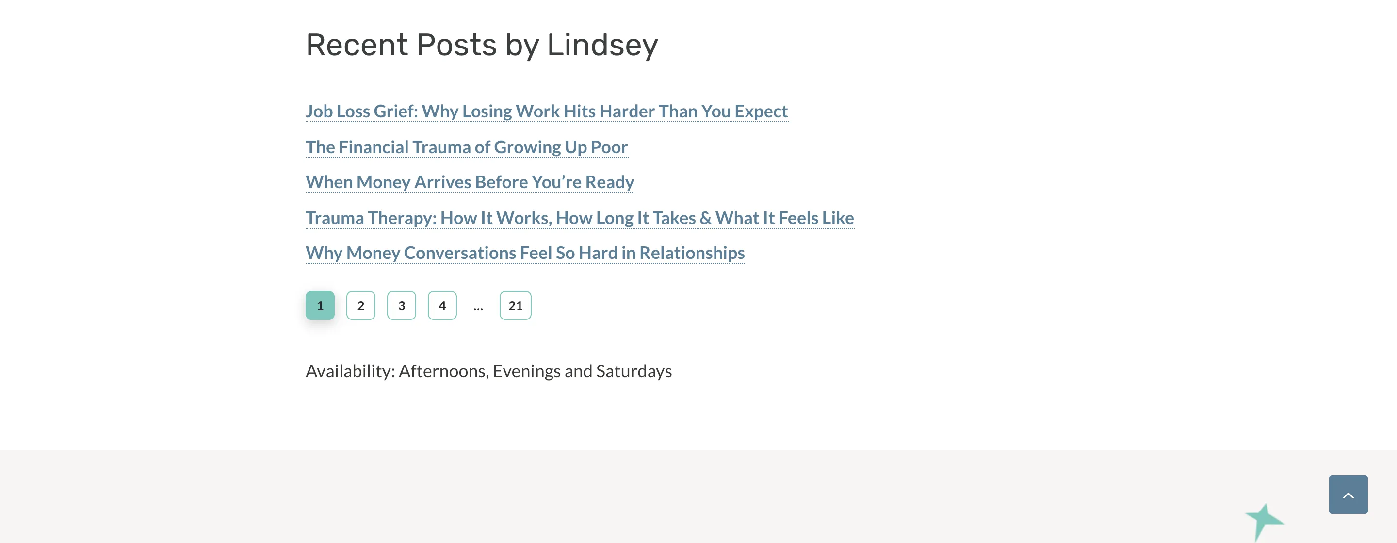 The Recent Posts section of a therapist profile, listing five articles that therapist has written, with pagination showing further pages