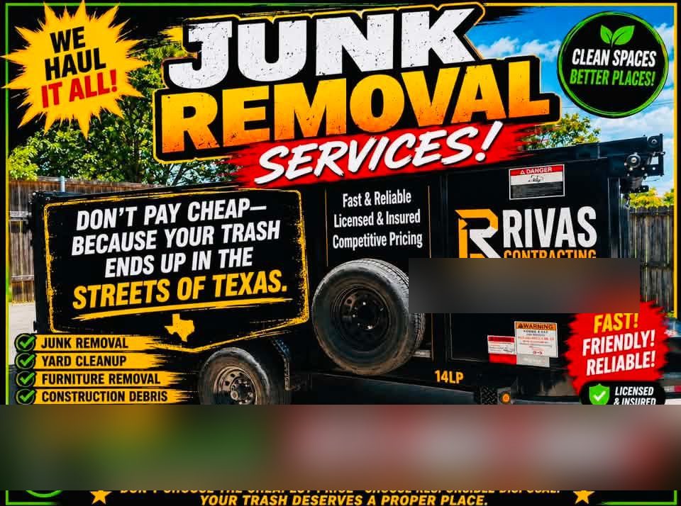 A junk removal flyer with a large headline, a photograph of a dump trailer, a six-item service checklist and several badges