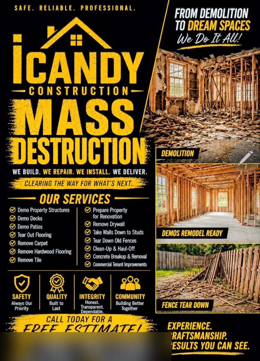 A demolition contractor flyer with a large company name, a fourteen-item service list in two columns and three job photographs