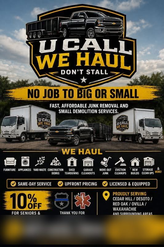 A hauling flyer with a truck illustration, a row of ten service icons, a discount offer and a list of towns served