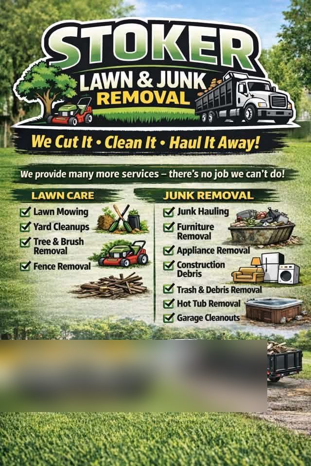 A lawn care and junk removal flyer with an illustrated logo, a photographic background and eleven services in two columns