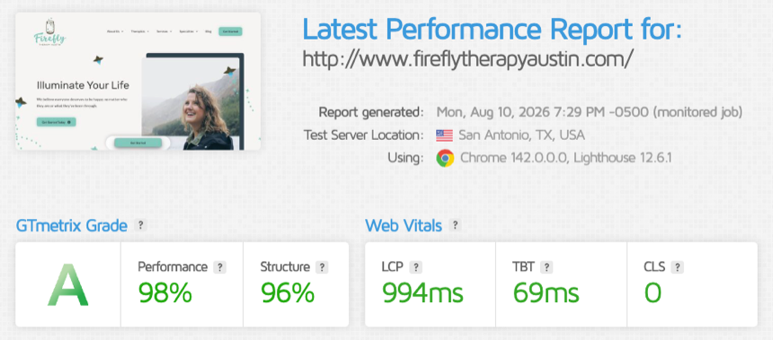 GTmetrix report for fireflytherapyaustin.com showing an A grade, 98 percent performance, LCP 994 milliseconds, TBT 69 milliseconds, CLS 0