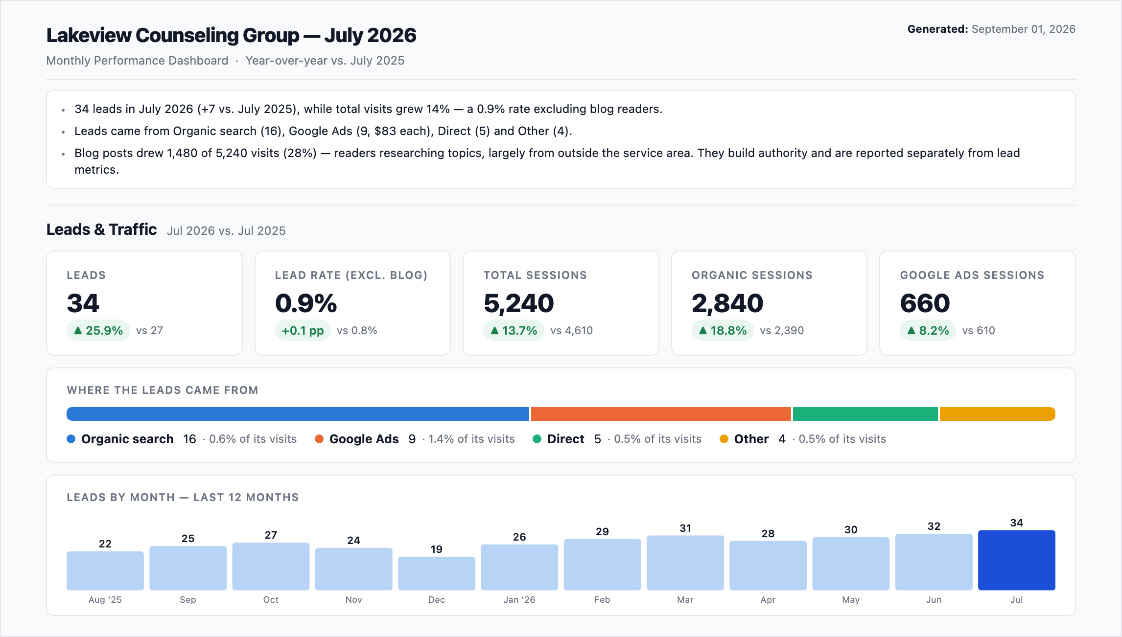 Example service business report showing the executive summary, lead metrics, lead sources, and 12-month lead trend