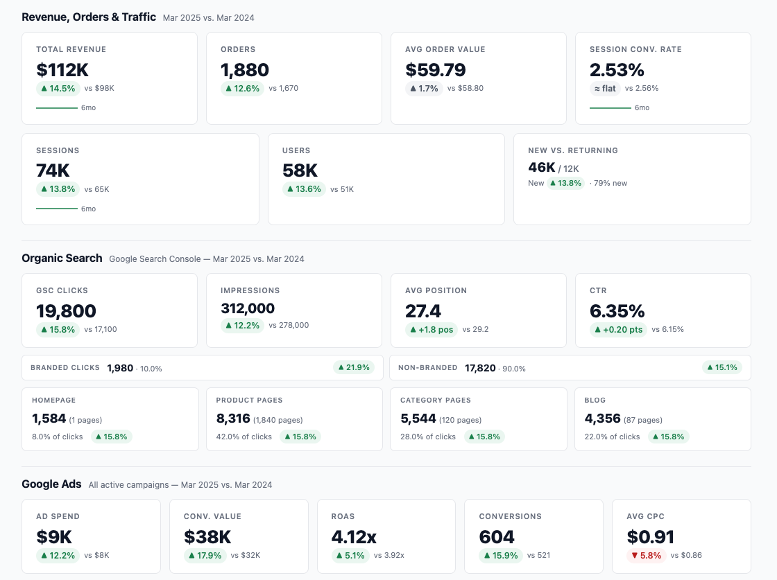 Cross-channel marketing report showing revenue, organic search, and Google Ads performance in a single view