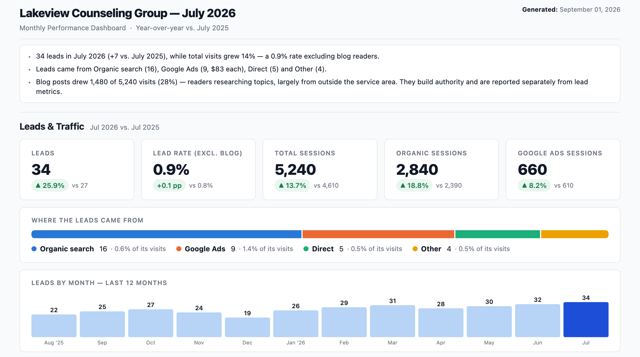 Monthly report for a fictional service business showing leads, lead rate, sessions, lead sources, and the 12-month lead trend